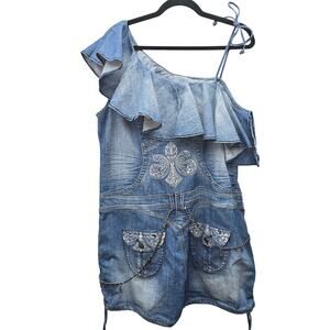 Dereon Denim Romper Womens Plus Size 1X VTG Y2K Urban Streetwear Blue Jean Belt